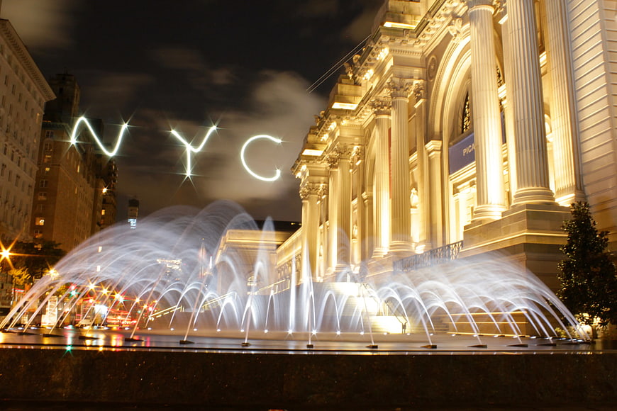 New York City Museum of Art Night Fountain Light Painting