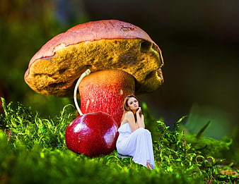 Tiny woman sitting next to giant mushroom and cherry in forest