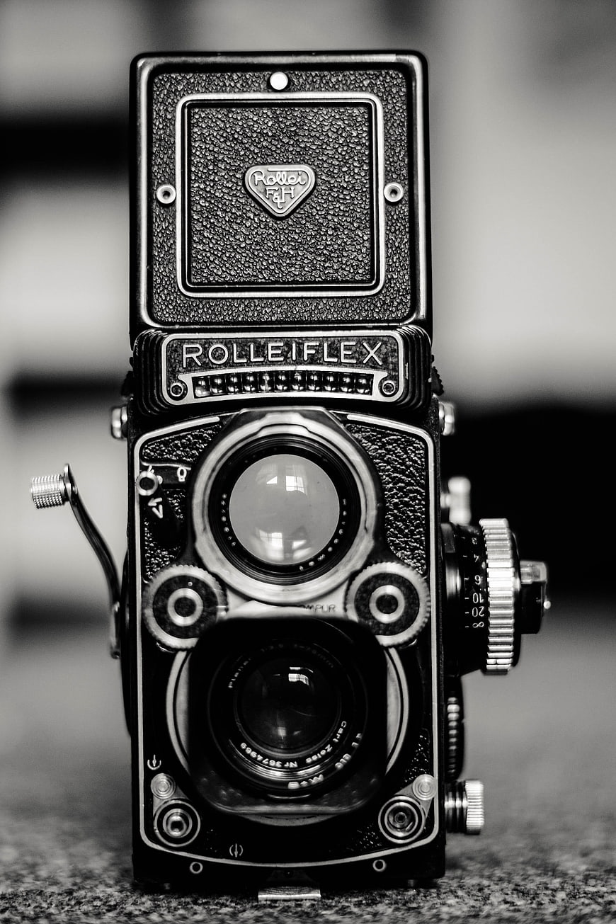 Vintage Rolleiflex TLR Camera Close Up Black And White
