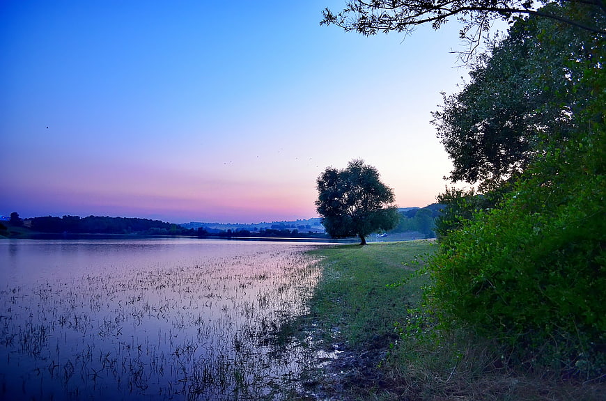 Serene Lake Landscape at Twilight with Purple Sky