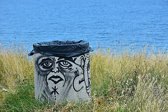 Graffiti Trash Can by the Sea in Tall Grass