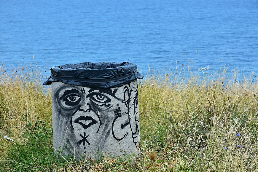 Graffiti Trash Can by the Sea in Tall Grass