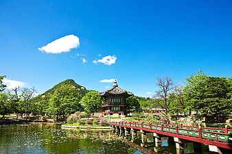 Traditional Korean Pavilion and Bridge at Gyeongbokgung Palace