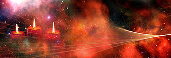 Three red candles against a vibrant cosmic nebula background
