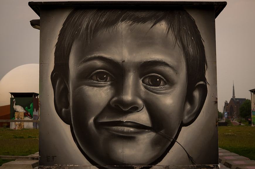 Realistic Black and White Street Art Portrait of a Boy