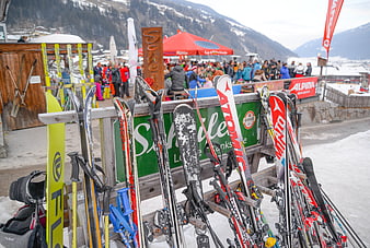 Ski Equipment Rack at Busy Alpine Après-Ski Bar