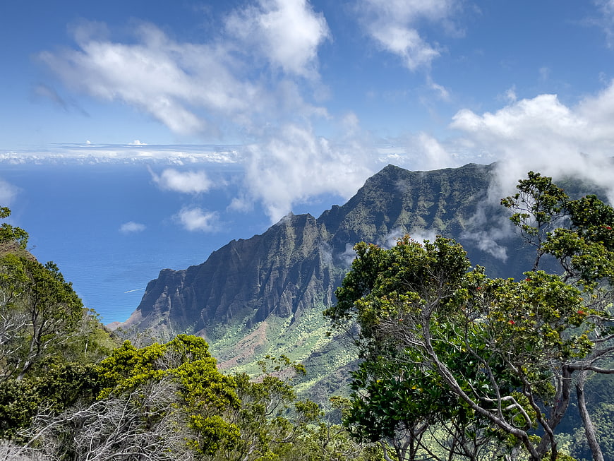 Dramatic tropical mountain ridge overlooking the ocean