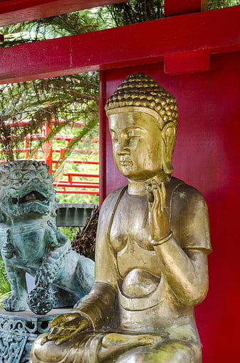 Golden Buddha Statue and Guardian Lion at Red Temple