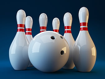 White Bowling Ball And Pins On Blue Background