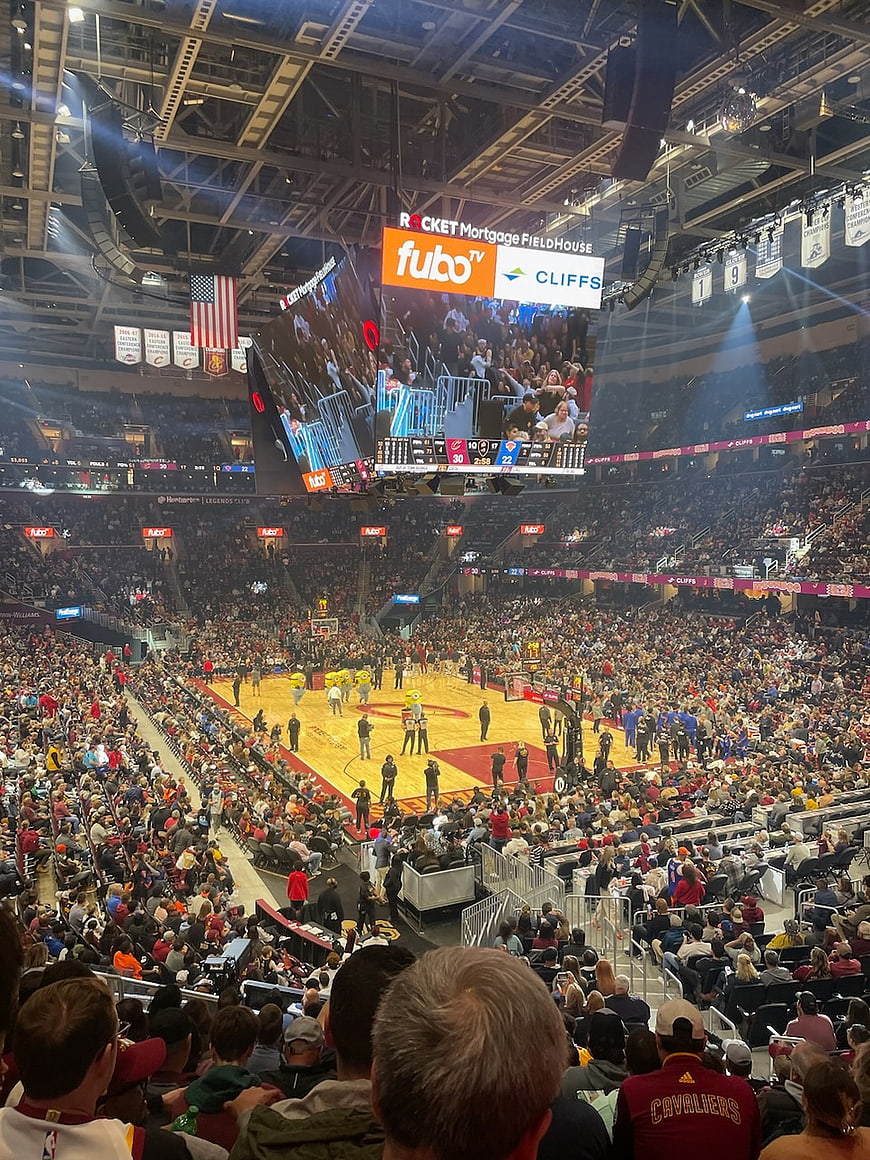 Wide view of Rocket Mortgage FieldHouse basketball game crowd