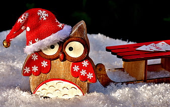 Wooden Christmas Owl Figure Wearing Santa Hat In Snow