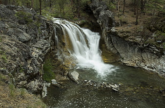 Serene Waterfall Flowing Over Rocks in Forest