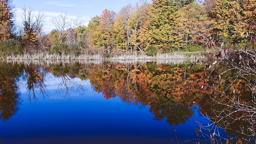 Serene Autumn Lake with Vibrant Fall Foliage Reflections