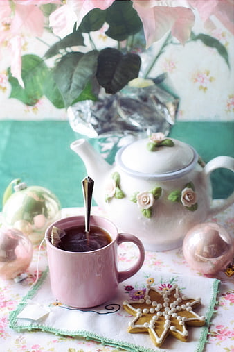 Vintage Christmas Tea Time with Pink Mug and Gingerbread