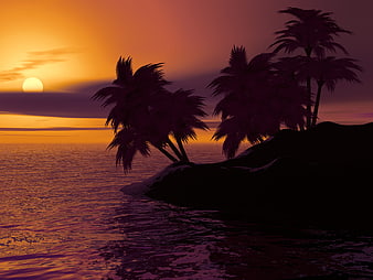 Tropical Island Sunset with Palm Tree Silhouettes