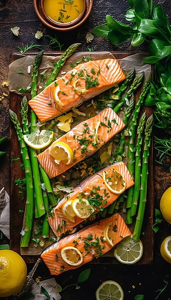 Overhead view of raw salmon fillets with asparagus and lemon