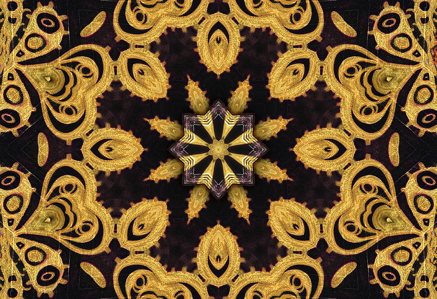 Golden kaleidoscope pattern with intricate symmetrical design