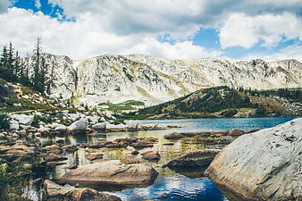 Alpine Lake with Rocky Shore and Mountain Backdrop