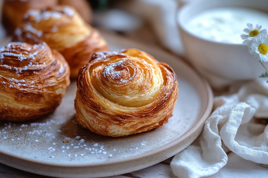 Golden Flaky Rose Pastries with Sugar Dusting