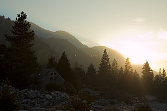 Mountain Cabin Sunset Landscape With Pine Trees And Foggy Hills