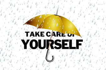 Yellow Umbrella with Raindrops and Self Care Text