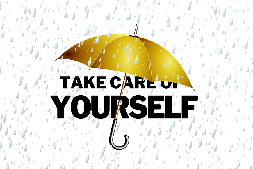 Yellow Umbrella with Raindrops and Self Care Text