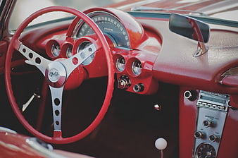 Red Classic Corvette Interior Dashboard and Steering Wheel