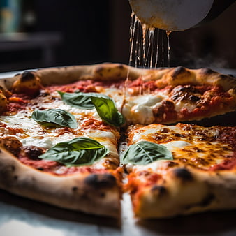 Close-up of fresh pizza slice being lifted with cheese pull