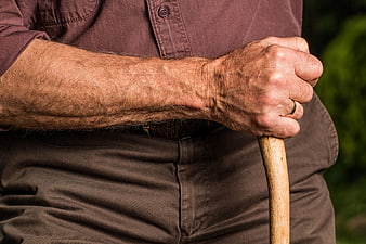 Close-up of Senior Man's Hand Holding Wooden Walking Cane