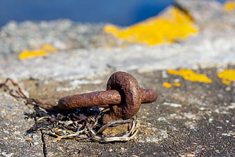 Close-up of rusty metal ring on weathered stone by the sea