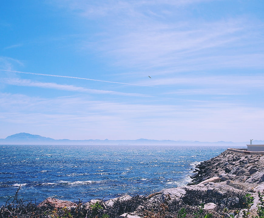 Sunny coastal landscape with blue ocean and rocky shore