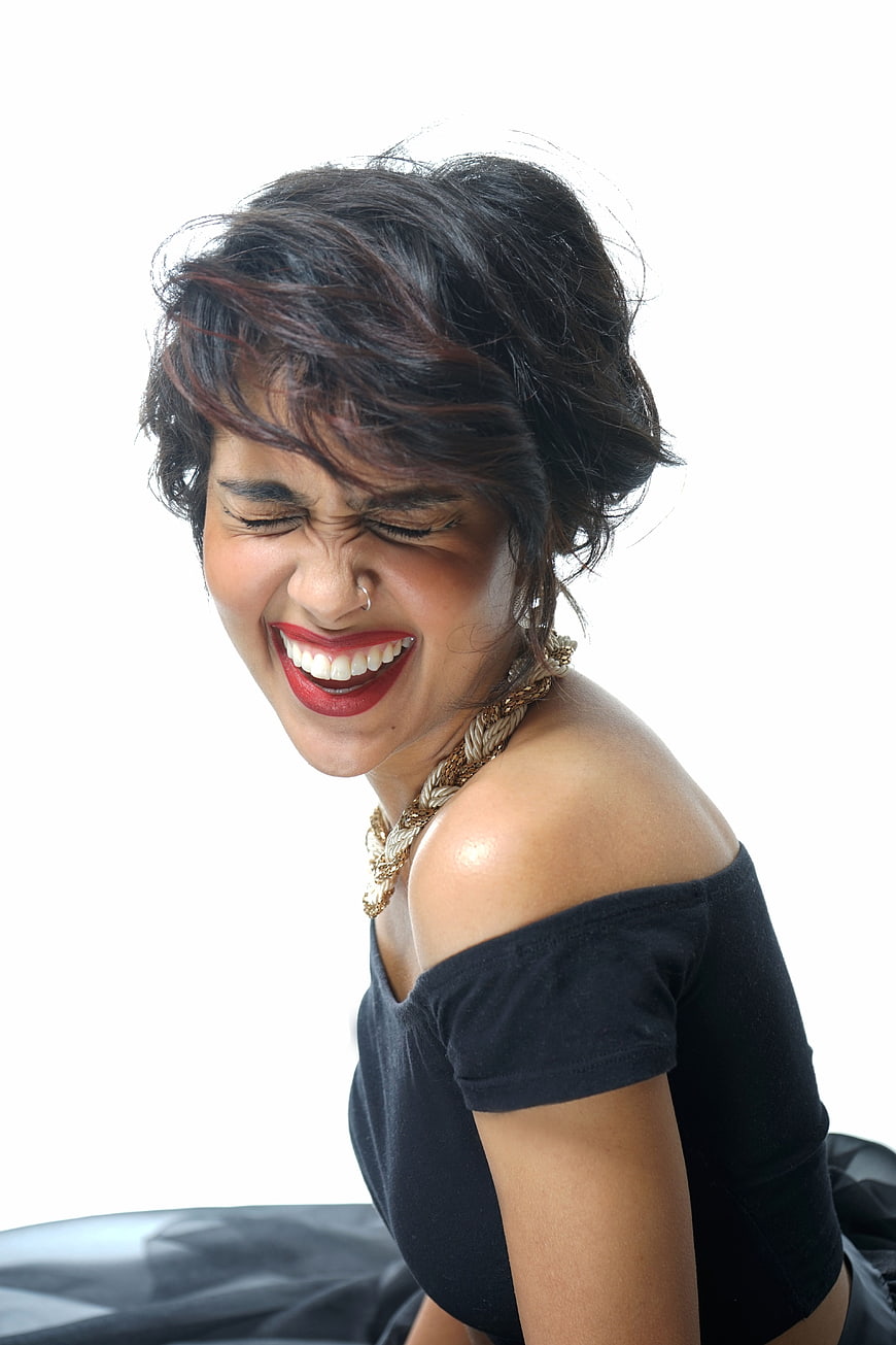 Laughing Woman with Red Lipstick and Gold Necklace