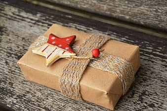 Rustic Christmas Gift Wrapped in Brown Paper with Twine