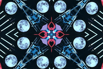 Abstract blue and red kaleidoscope pattern with moons