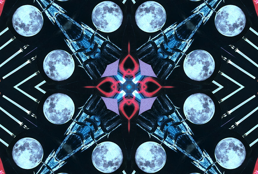 Abstract blue and red kaleidoscope pattern with moons