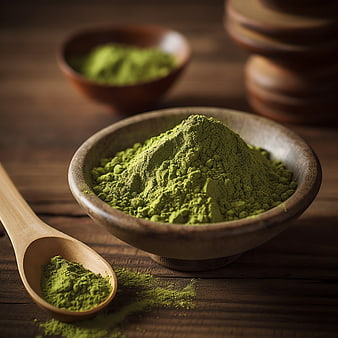 Matcha Green Tea Powder in Wooden Bowl and Spoon