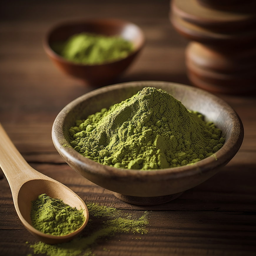 Matcha Green Tea Powder in Wooden Bowl and Spoon