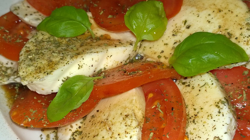 Close-up of Caprese Salad with Mozzarella, Tomato, and Basil