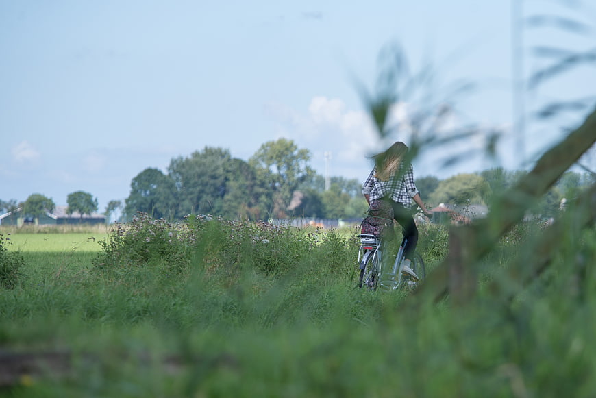 Woman cycling through tall grass in Dutch countryside