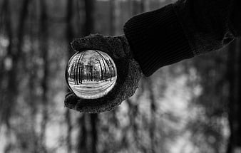 Hand holding crystal ball in snowy black and white forest