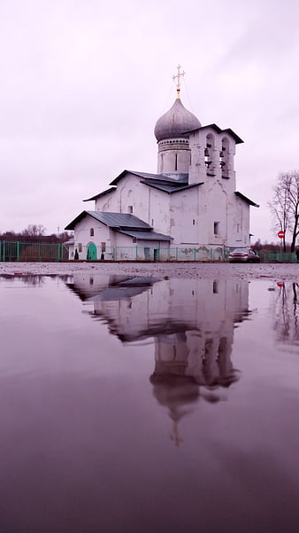 Orthodox Church Reflection in Puddle
