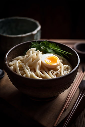 Dark moody udon noodles with soft boiled egg in ceramic bowl