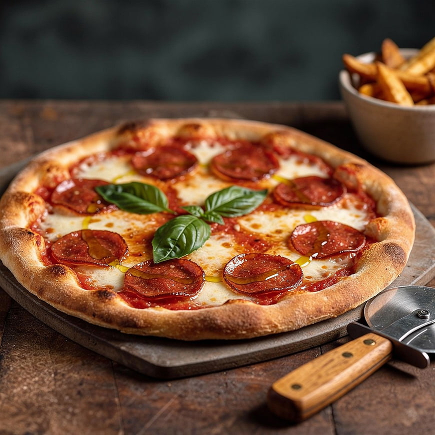Freshly Baked Pepperoni Pizza with Basil and Fries