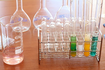 Chemistry Lab Equipment with Colorful Test Tubes and Beakers