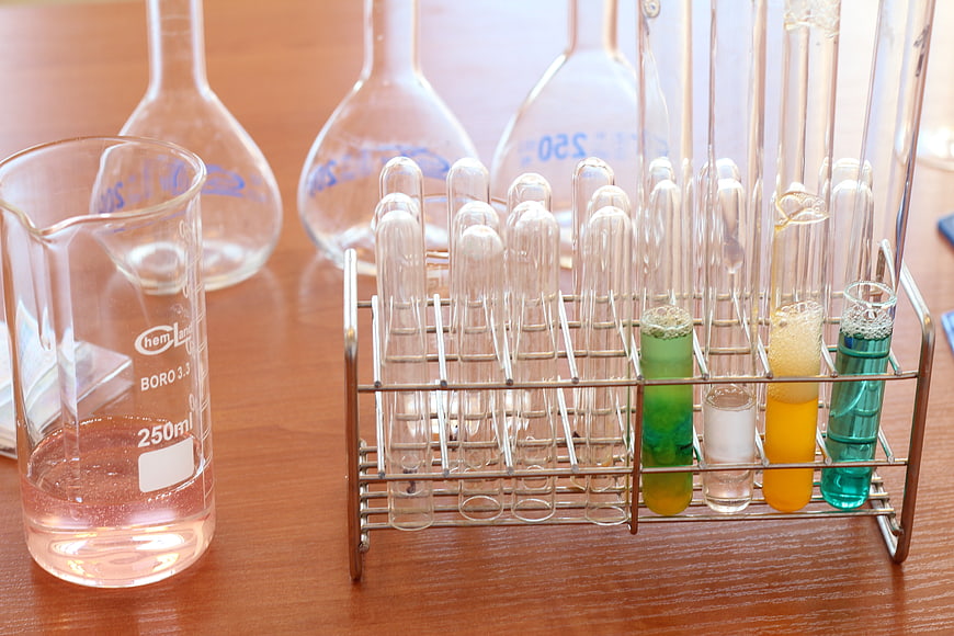 Chemistry Lab Equipment with Colorful Test Tubes and Beakers