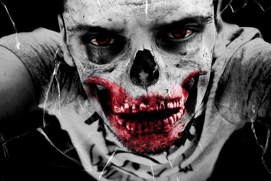 Scary Zombie Face with Red Eyes and Blood Makeup