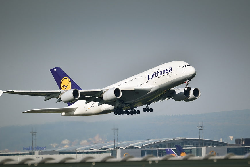 Lufthansa Airbus A380 Taking Off From Frankfurt Airport