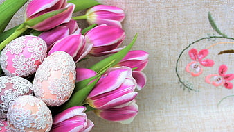 Pink Tulips and Lace Easter Eggs on Embroidered Tablecloth