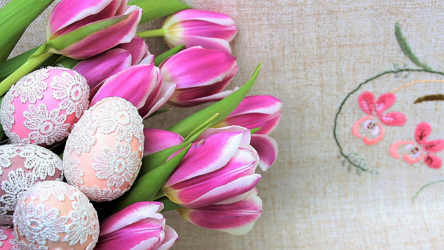 Pink Tulips and Lace Easter Eggs on Embroidered Tablecloth