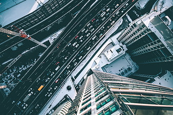 Aerial View of City Highway and Skyscraper in Winter